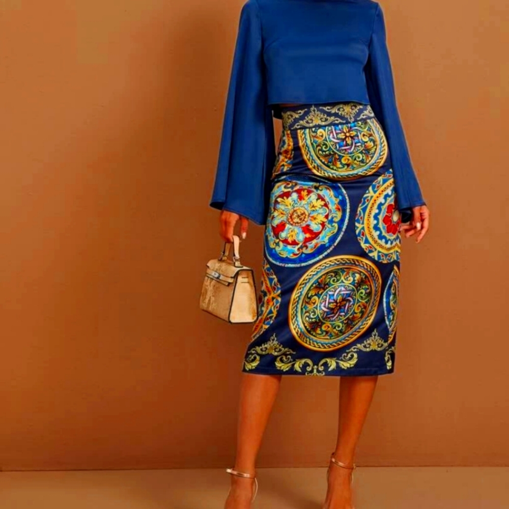 SOLID BELL SLEEVE TOP & SATIN TRIBAL SKIRT